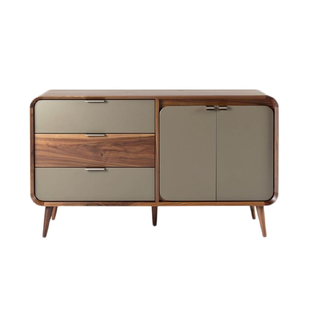 **Technische titel in het Nederlands: Moderne houten dressoir met vier lades en deuren**