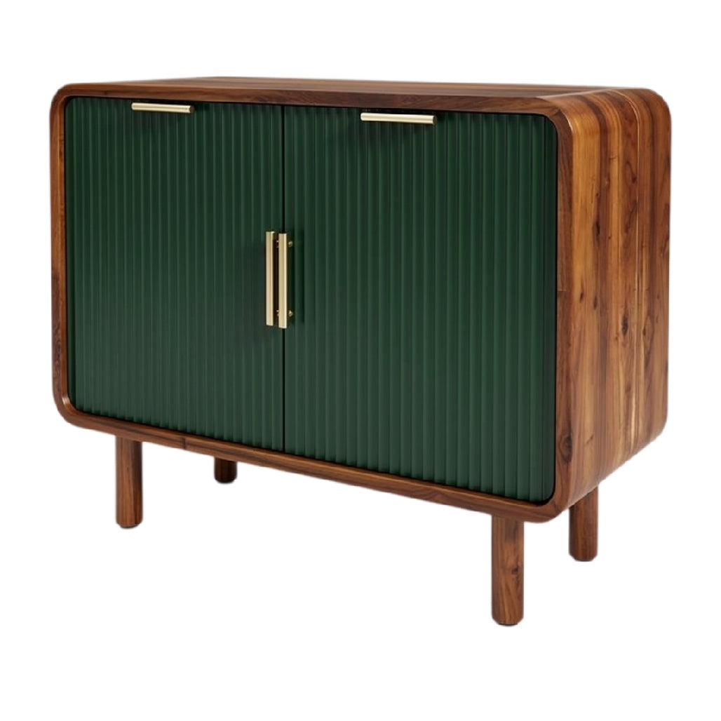 **Technische titel in het Nederlands: Modern houten kast met groene geribbelde deuren**