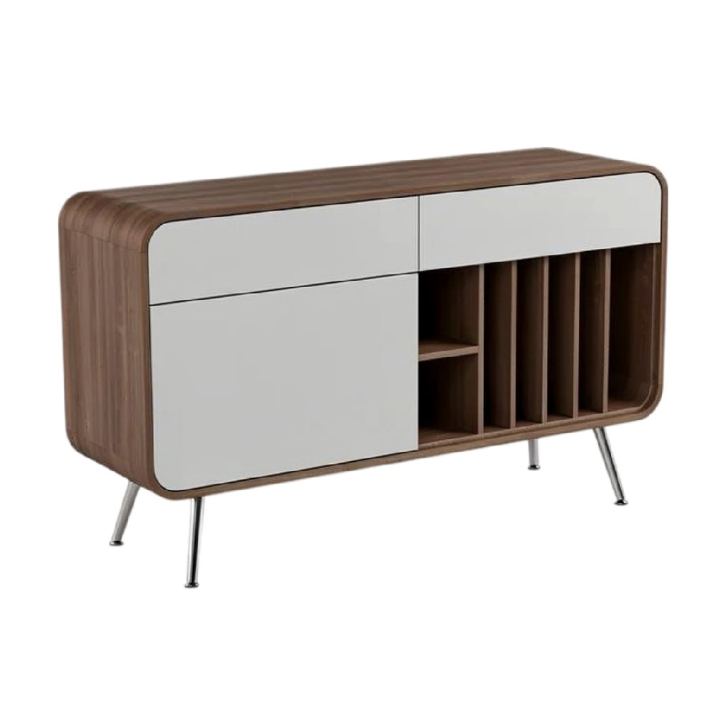 **Moderne TV-kast van hout met witte deuren en metalen poten**
